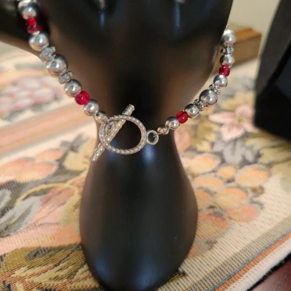 Handmade Beaded Bracelet Silver Heart & Red Beads